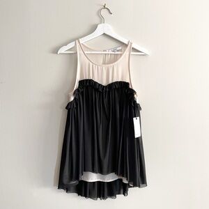 NWT RO+DE Baby Doll Tulle Sleeveless Blouse Ruffled Cream Black, Women XS